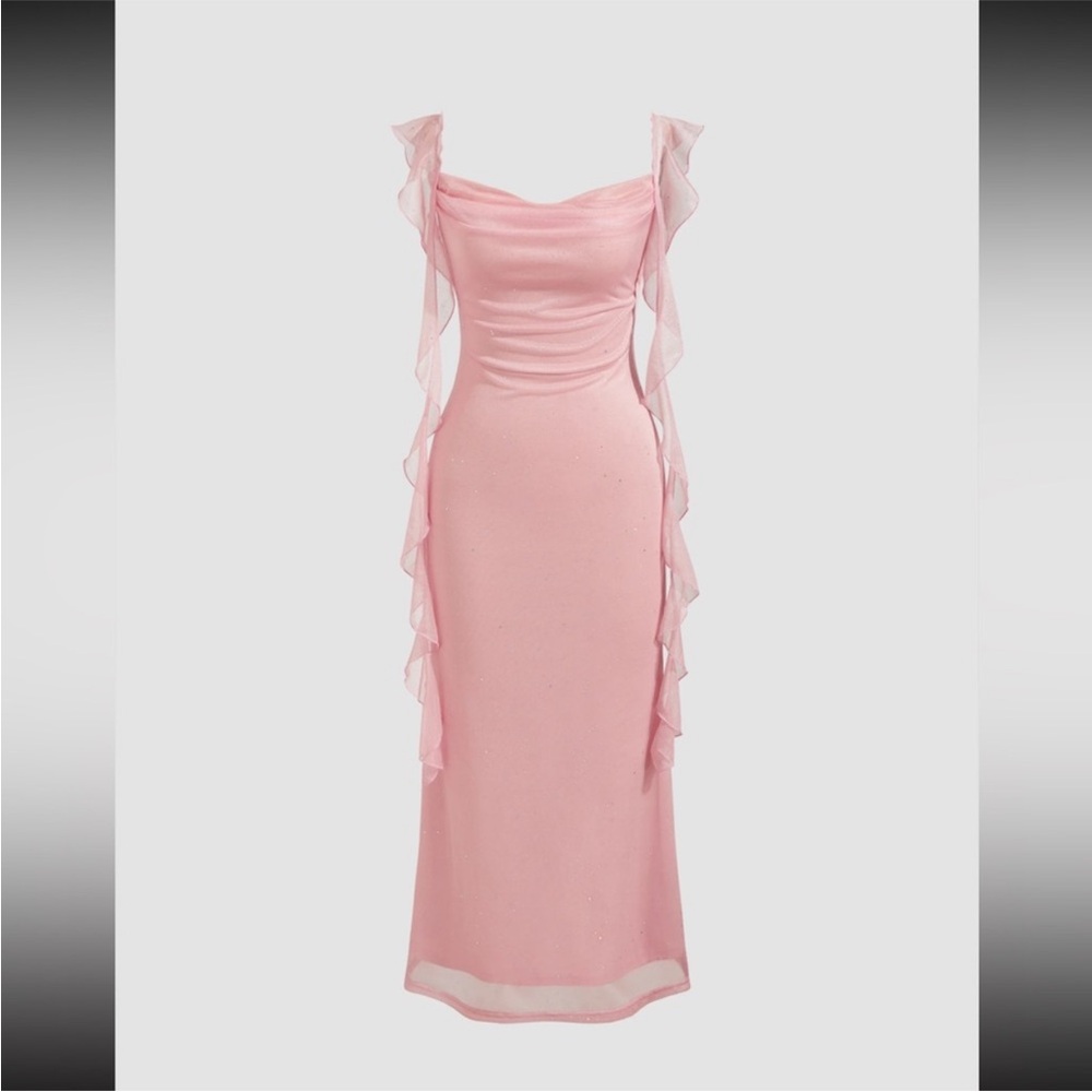 Soft Pink Ruffled Sequins Slip Dress - Picture 2 of 8